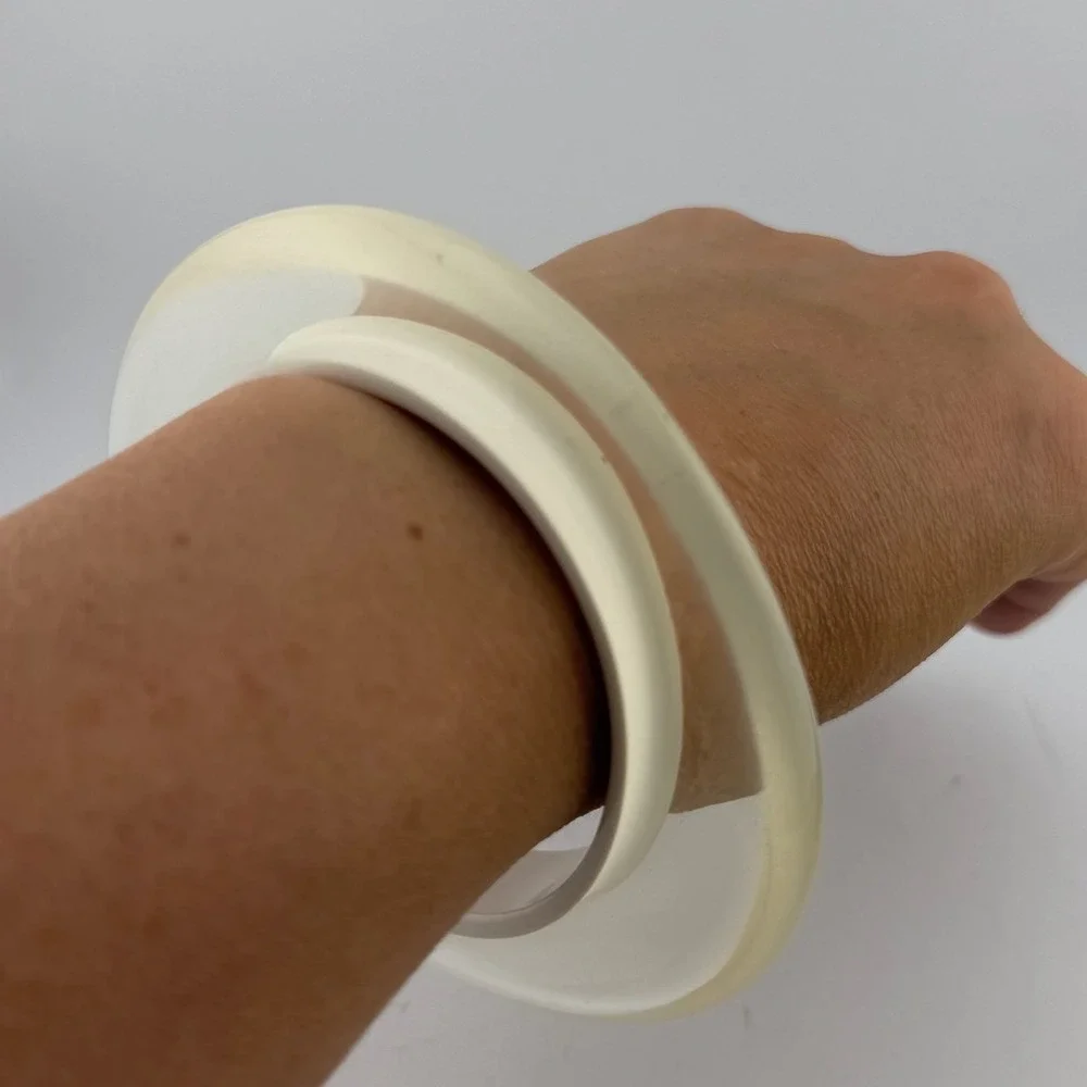 Large Chunky Cream Bangle Bracelet Clear Layered Resin Mod Style